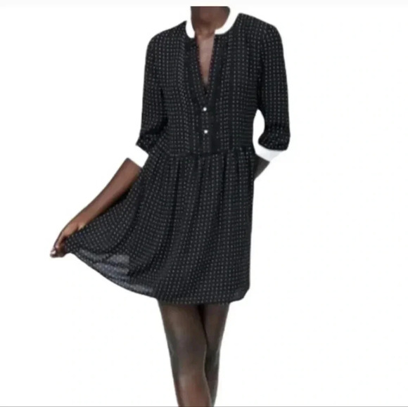 Zara Women's Collared Pearl Black & White Polka Dot Babydoll Dress - Picture 2 of 6